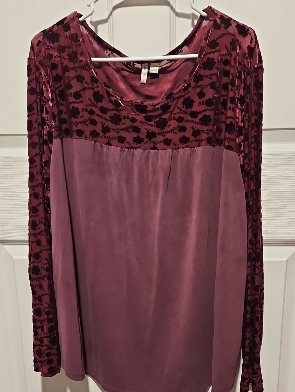 Cato Dusty Rose Two-Tone Velvet Panel Long Sleeve Top